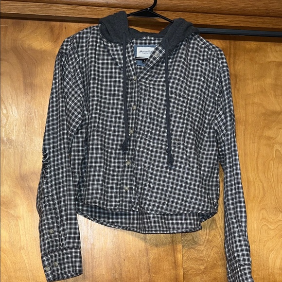 American Eagle Outfitters Tops - American Eagle Outfitters Gray and White Plaid Hoodie Shirt